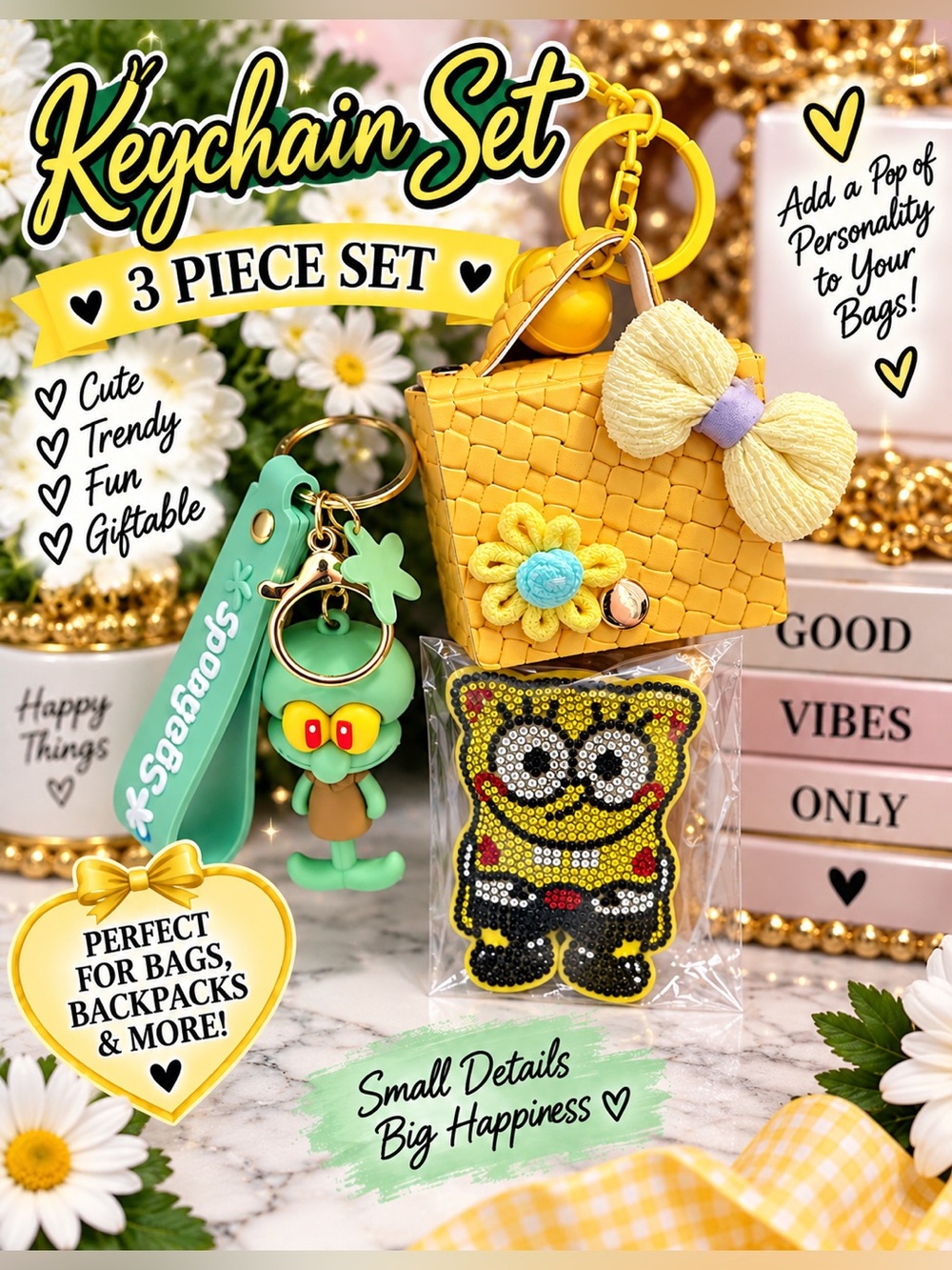 Sponge Bob 3 piece keychain bag charm set